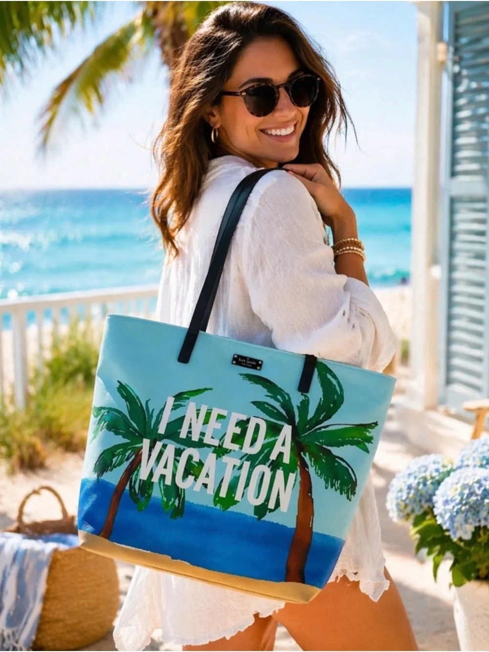 kate spade light blue palm print tote with black straps